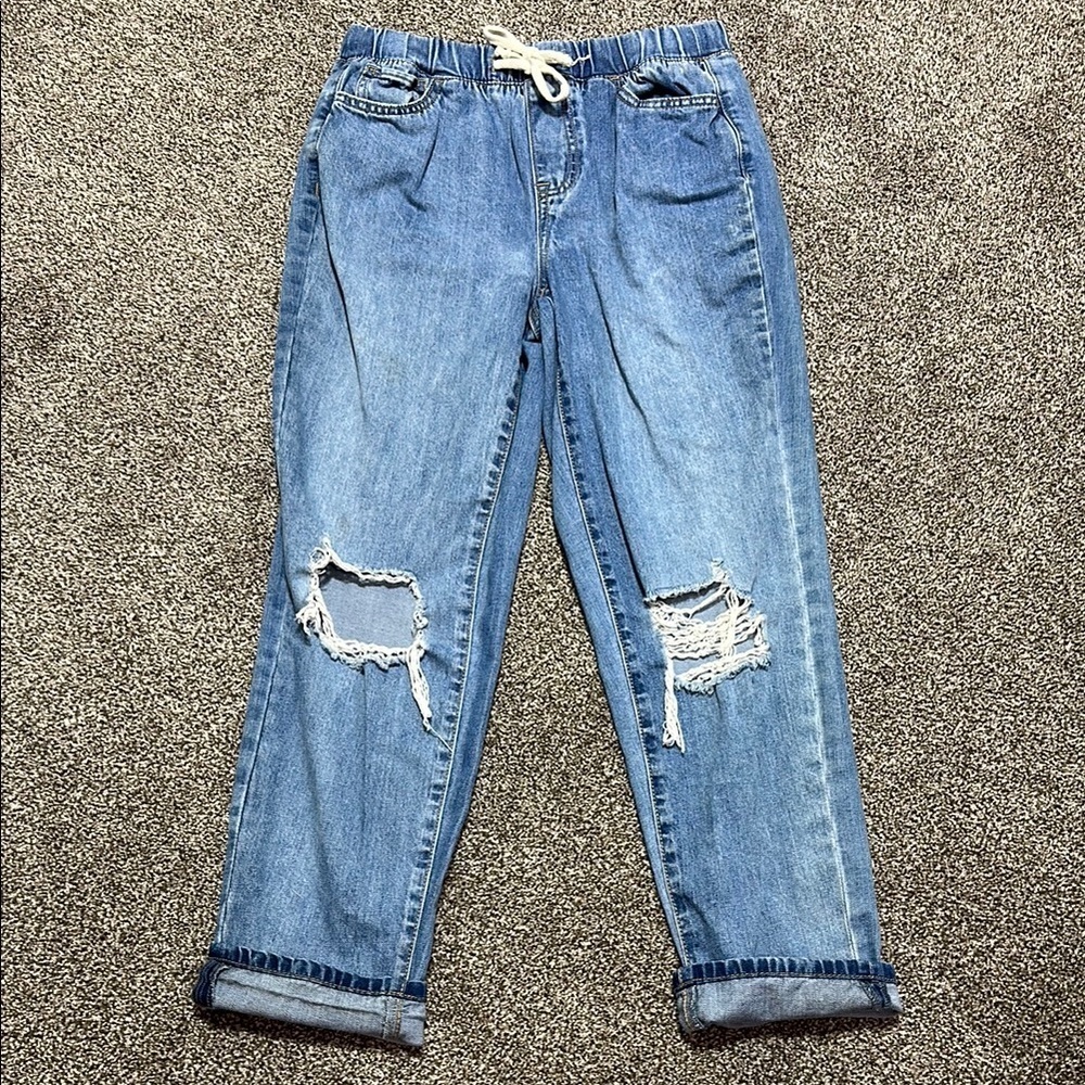 Rewash Blue Ankle Cropped Jeans with Distressed Details SMALL drawstring waist